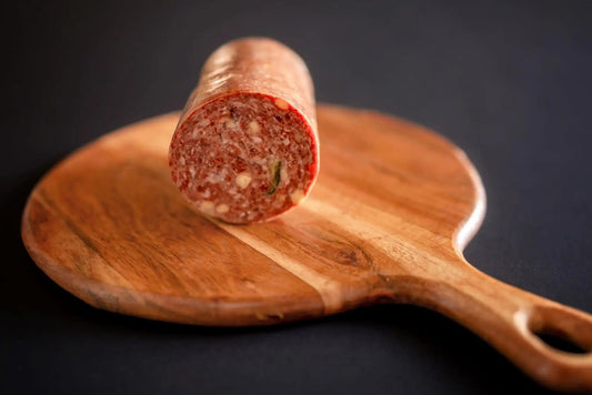 Custom Smoked Grass-Fed Wagyu Beef Summer SausageTreat yourself to the ultimate snacking experience with Hufeisen Ranch's Custom Smoked Wagyu Beef Summer Sausages. 
Features

100% All-Natural
No Hormones or AntibioCustom Smoked Grass-Fed Wagyu Beef Summer SausageThe Hufeisen-Ranch (WYO Wagyu)