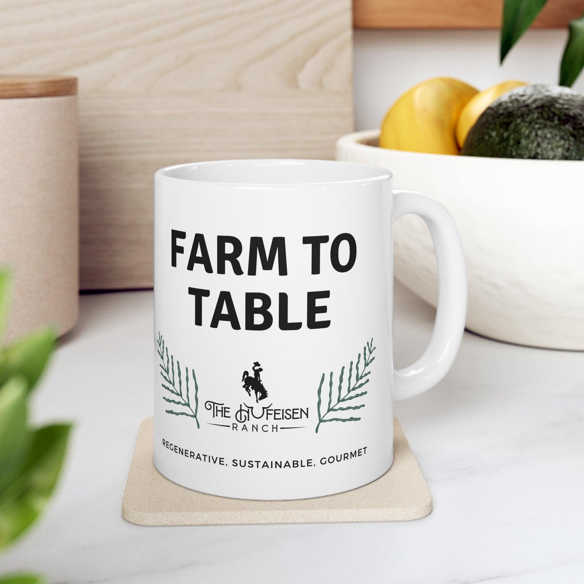 Farm to Table Ceramic Mug 11ozWarm-up with a nice cuppa out of this customized ceramic coffee mug. Personalize it with cool designs, photos or logos to make that "aaahhh!" moment even better. It’Table Ceramic Mug 11ozThe Hufeisen-Ranch (WYO Wagyu)Mug