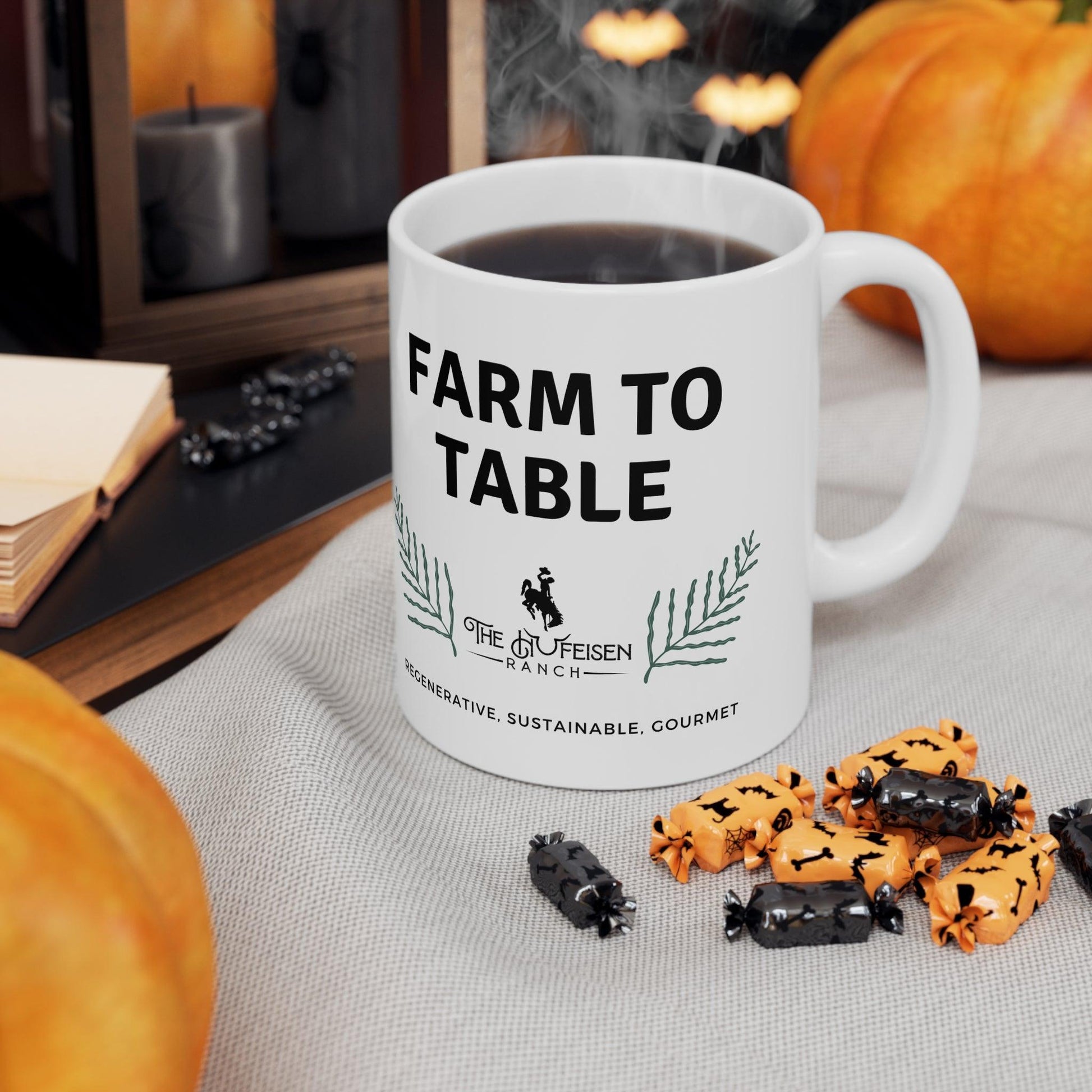 Farm to Table Ceramic Mug 11ozWarm-up with a nice cuppa out of this customized ceramic coffee mug. Personalize it with cool designs, photos or logos to make that "aaahhh!" moment even better. It’Table Ceramic Mug 11ozThe Hufeisen-Ranch (WYO Wagyu)Mug