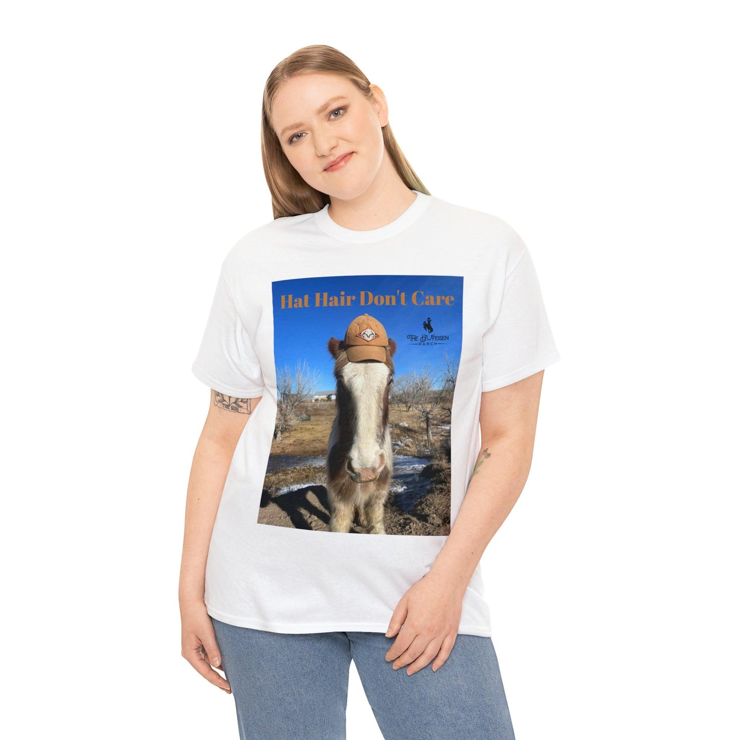 Hat Hair Don’t Care Heavy Cotton TeeThe heavy cotton tee is the basic staple of any wardrobe. It is the foundation upon which casual fashion grows. All it needs is a personalized design to elevate thinCare Heavy Cotton TeeThe Hufeisen-Ranch (WYO Wagyu)T-Shirt