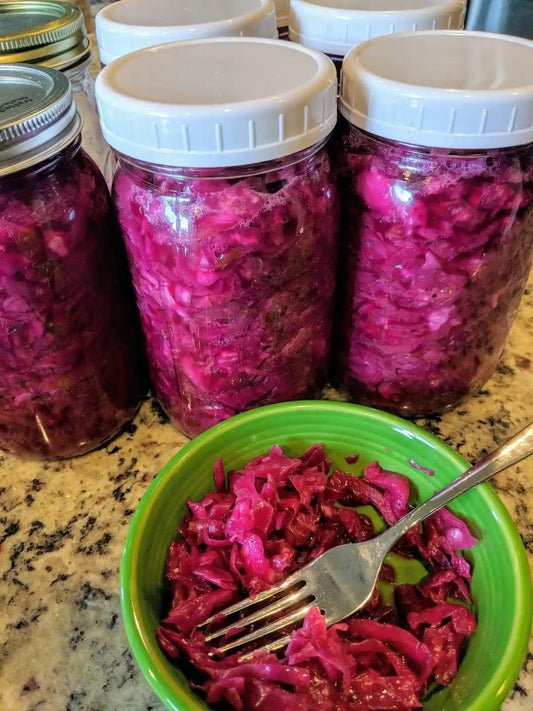 Lacto-Fermented Purple Cabbage SauerkrautDelicious Lacto-fermented sweet and sour Purple Kraut .. perfect topper for any Bratwurst!!
Currently for Sale in Wyoming Only.Lacto-Fermented Purple Cabbage SauerkrautThe Hufeisen-Ranch (WYO Wagyu)