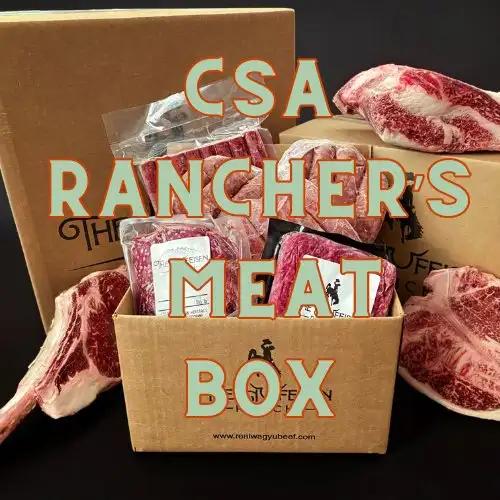 Our CSA Rancher's Meat BoxOur CSA Ranchers box is 10-15lbs Grass-fed Wagyu and Angus Beef, Lamb, Chicken, or Pork all raised on organic pastures.  This selection will include a variety of groCSA Rancher'The Hufeisen-Ranch (WYO Wagyu)