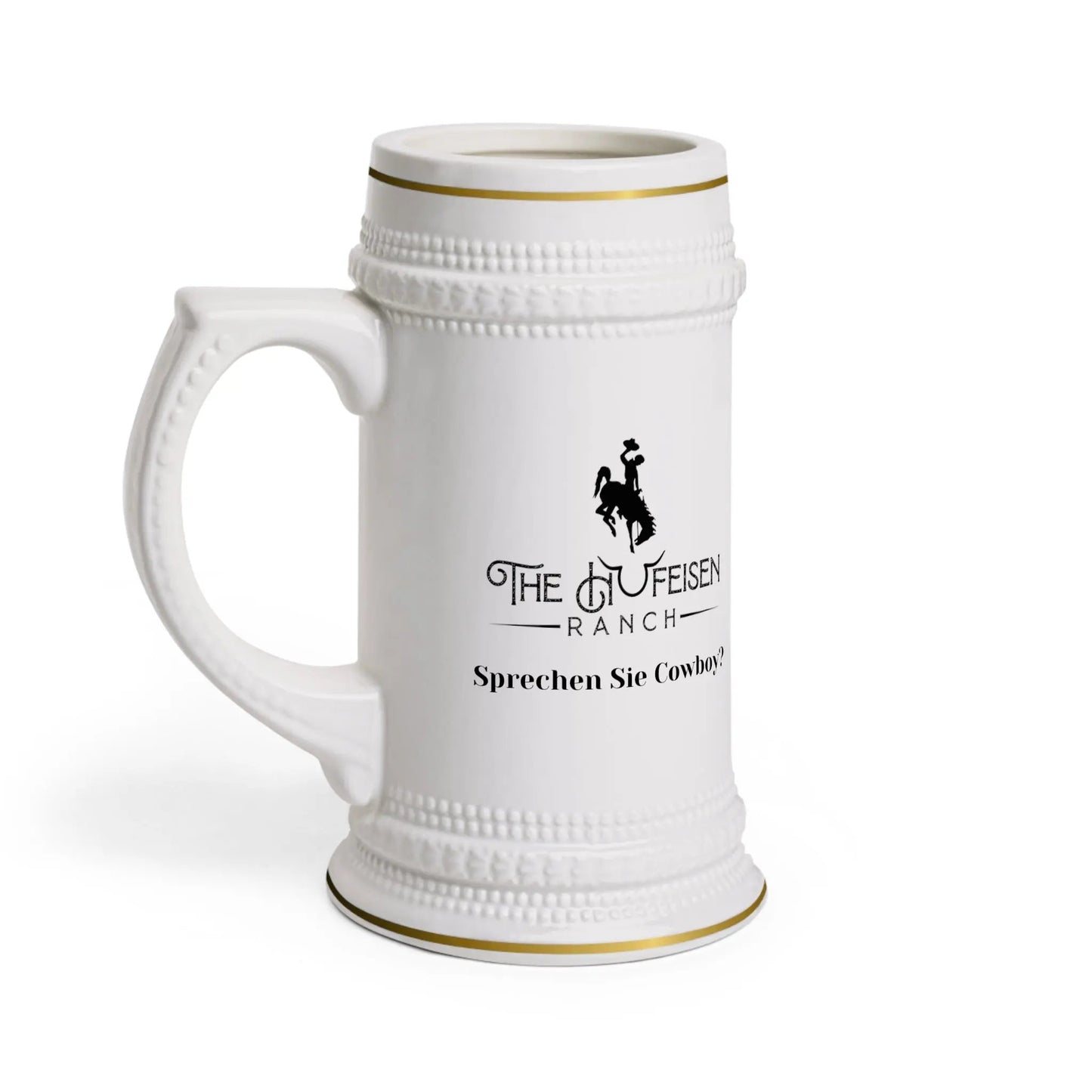 Sprechen Sie Cowboy Beer Stein MugRaise your stein and tip your hat to a unique blend of Old West grit and Bavarian charm with our 'Sprechen Sie Cowboy' Beer Stein. This ruggedly handsome stein bringSprechen Sie Cowboy Beer Stein MugThe Hufeisen-Ranch (WYO Wagyu)Mug