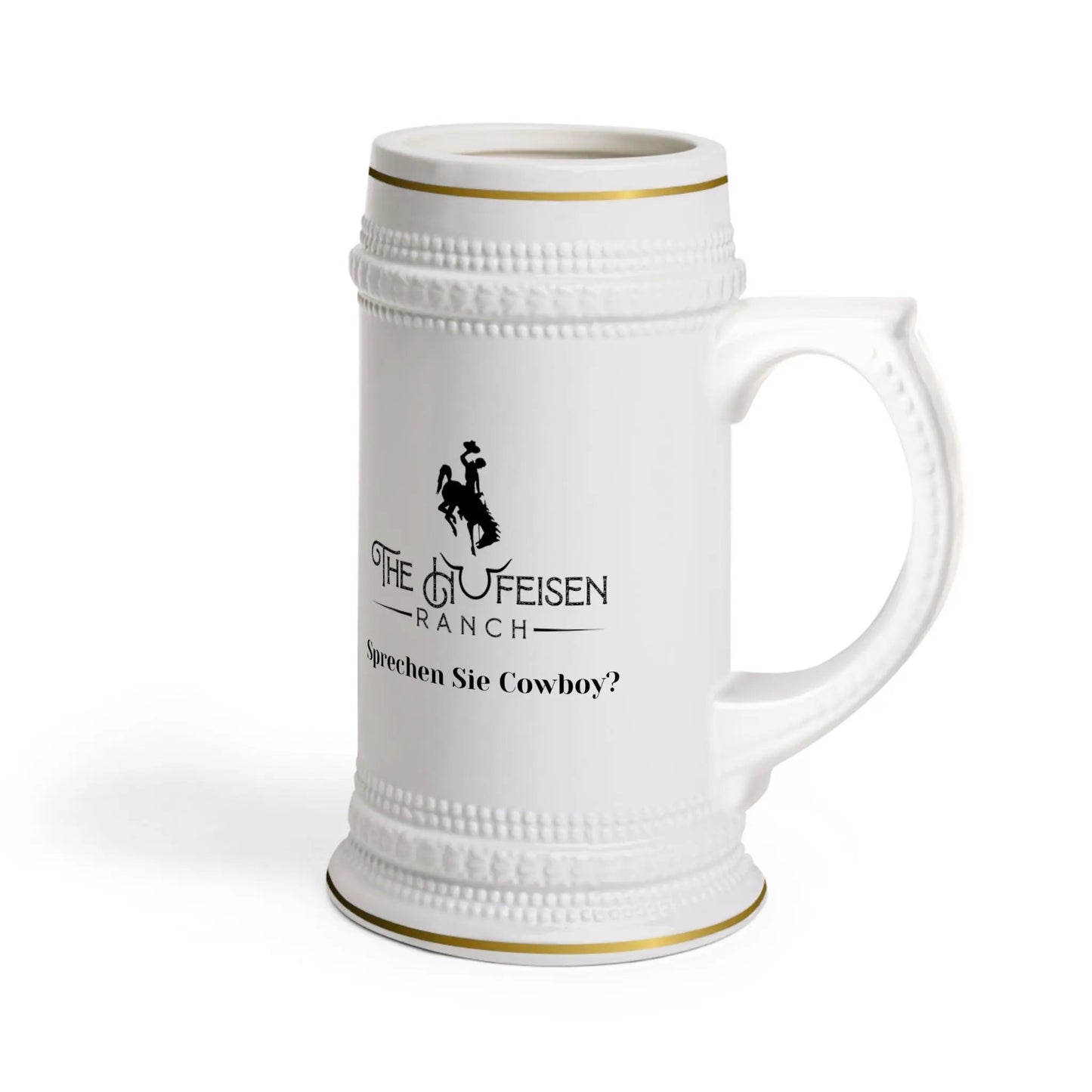 Sprechen Sie Cowboy Beer Stein MugRaise your stein and tip your hat to a unique blend of Old West grit and Bavarian charm with our 'Sprechen Sie Cowboy' Beer Stein. This ruggedly handsome stein bringSprechen Sie Cowboy Beer Stein MugThe Hufeisen-Ranch (WYO Wagyu)Mug