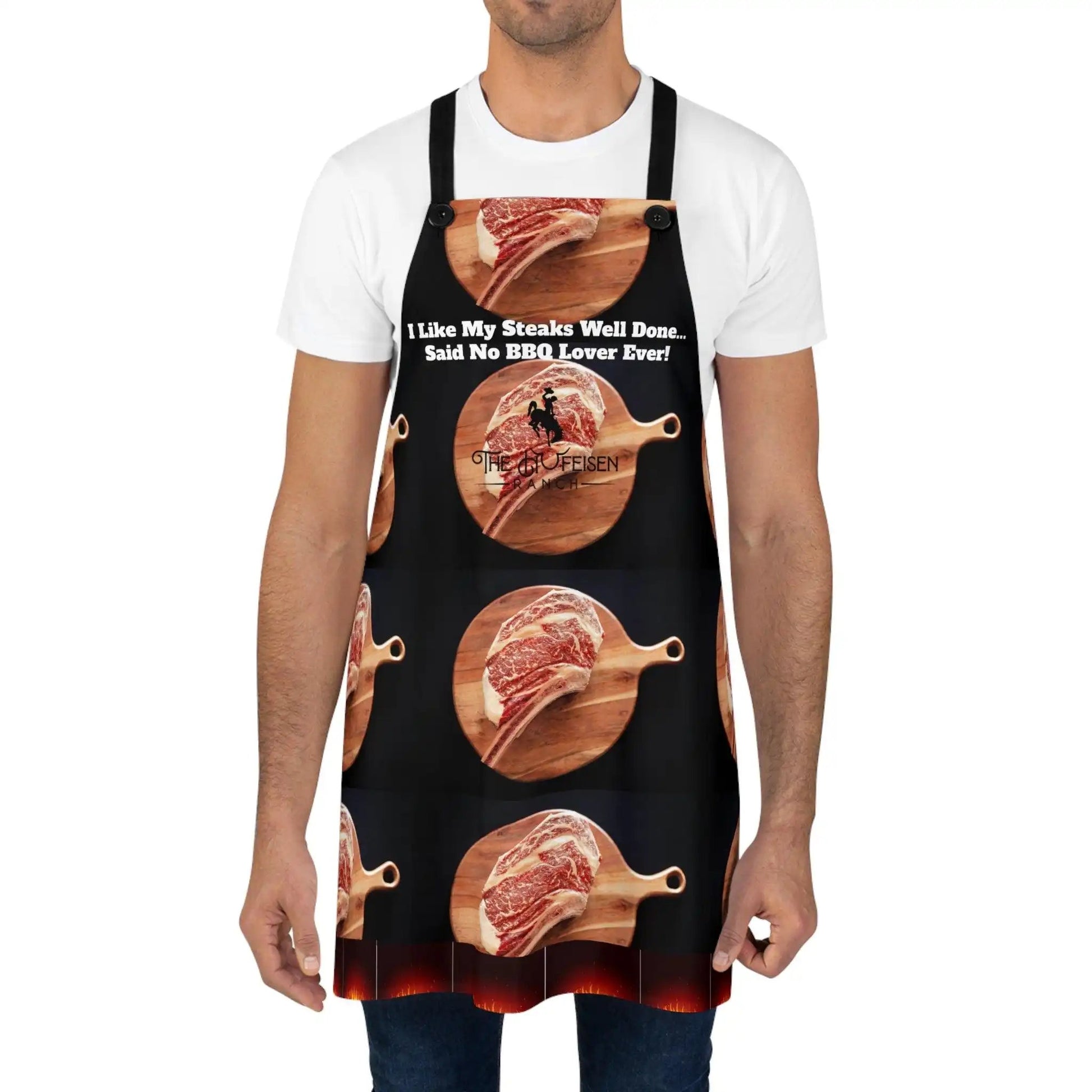 Steak BBQ Lovers Apron (AOP)Our Poly Twill Apron is the perfect cooking accessory. Lightweight, stylish and durable, this apron with your custom design and will make your customers look great dSteak BBQ Lovers Apron (AOP)The Hufeisen-Ranch (WYO Wagyu)Accessories